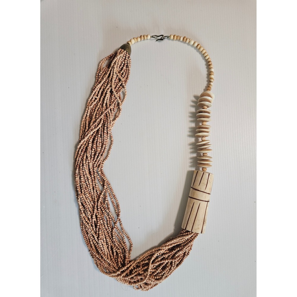 Vintage Multi Strand Seed Bead Bone Statement Necklace Boho Tribal Asymmetrical - Picture 6 of 6